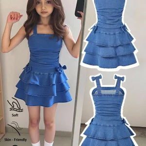 Girls Denim Dress w/Bowknot Straps